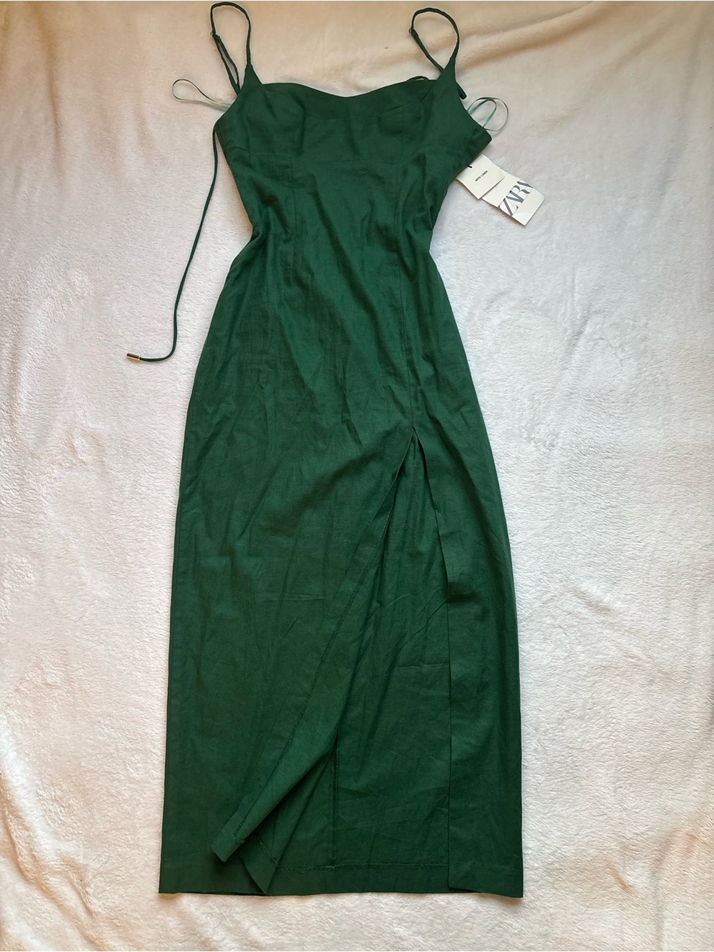 Zara Deep Green Slip Midi Dress with Side Slit